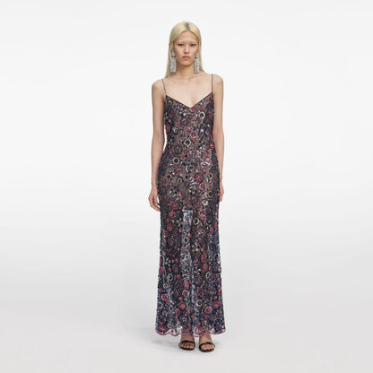 SP Navy Floral Sequin Strappy Maxi Dress