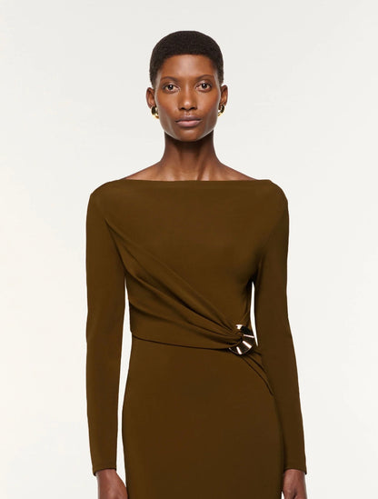 RM Khaki Jersey Twist Drape Metal Trim Stretch-Viscose Midi Dress