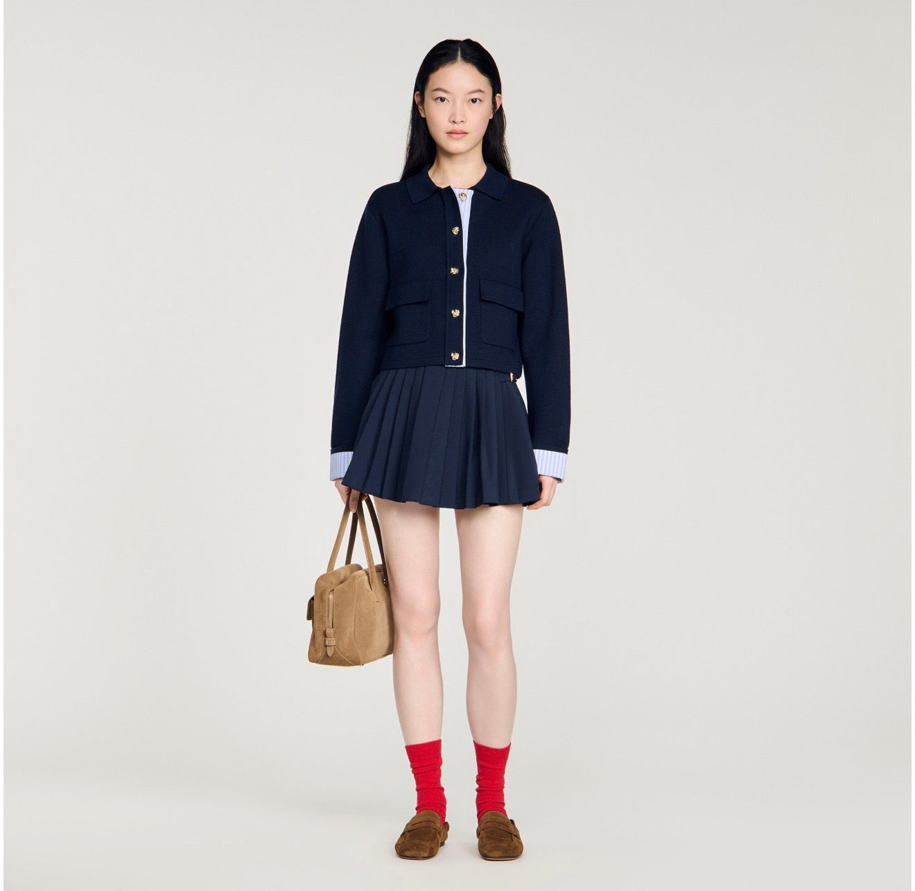 SD Striped Contrast-Trim Wool-Blend Polo Cardigan