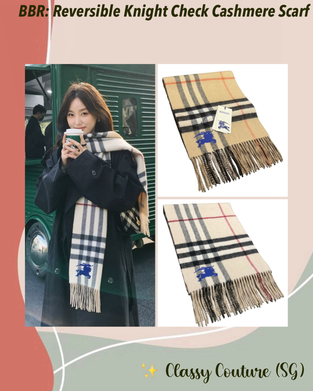 2 Colors! BBR Fringed Reversible Knight Check Cashmere Scarf 168*30cm