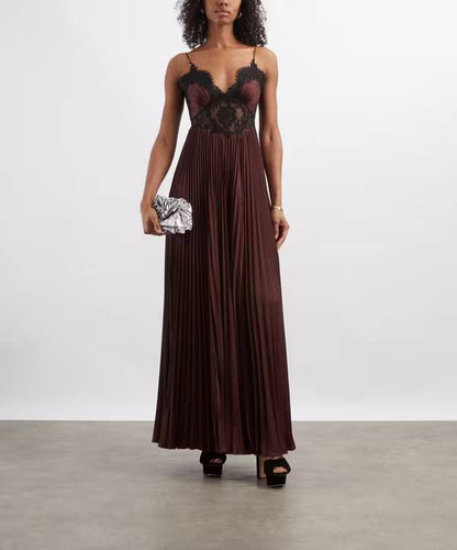 SP Brown Satin Lace Insert Maxi Dress
