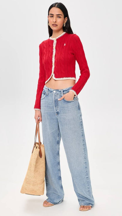 3 Colors! RL Whipstitch Trim Cable Stitch Cotton Cropped Cardigan