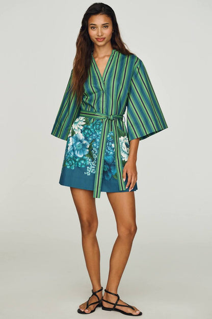 ALM004 Green/Blue Stripe Floral Bloom Organic-Cotton Mini Dress Shirtdress
