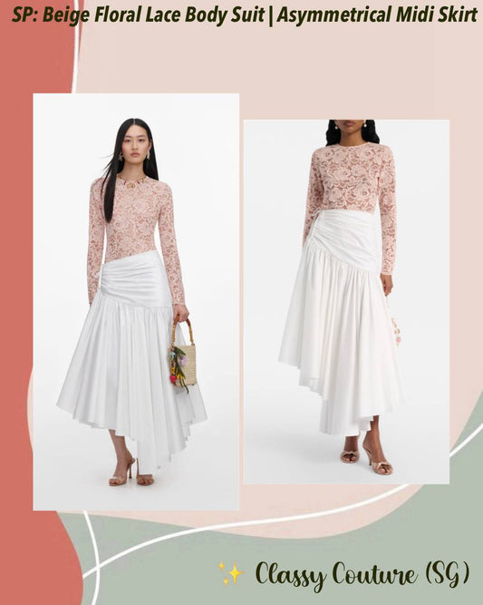 SP Beige-pink Floral Lace BodySuit One-piece | White Cotton Asymmetrical Midi Skirt | Set