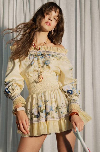 SP Yellow Floral Cotton-Silk Organza Ruffle Off-Shoulder Mini Dress