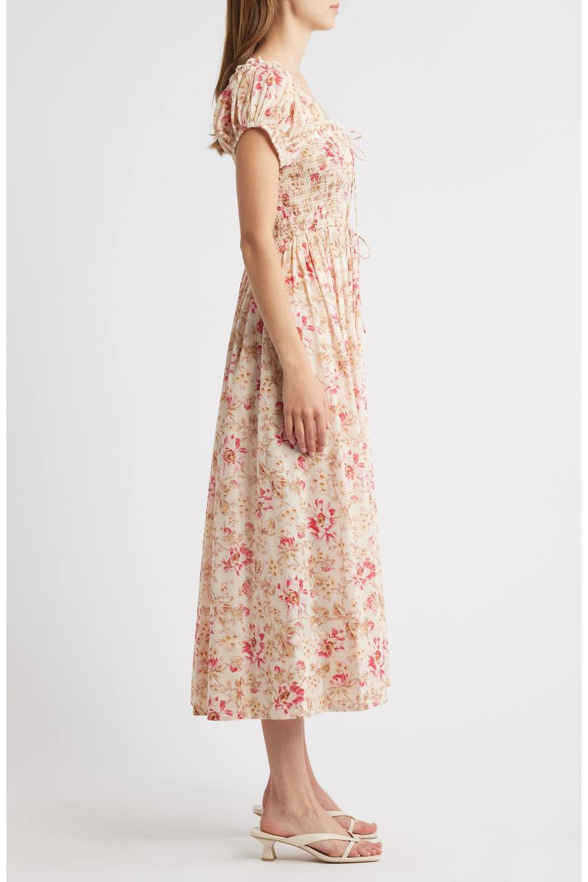 DN Floral Smocked Organic-cotton Midi Dress