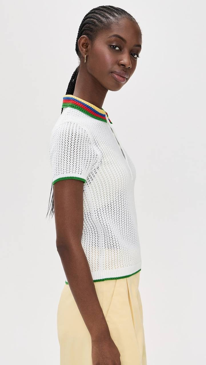 RL Pointelle Stripe Cotton-blend Polo Shirt Top with Rainbow Collar