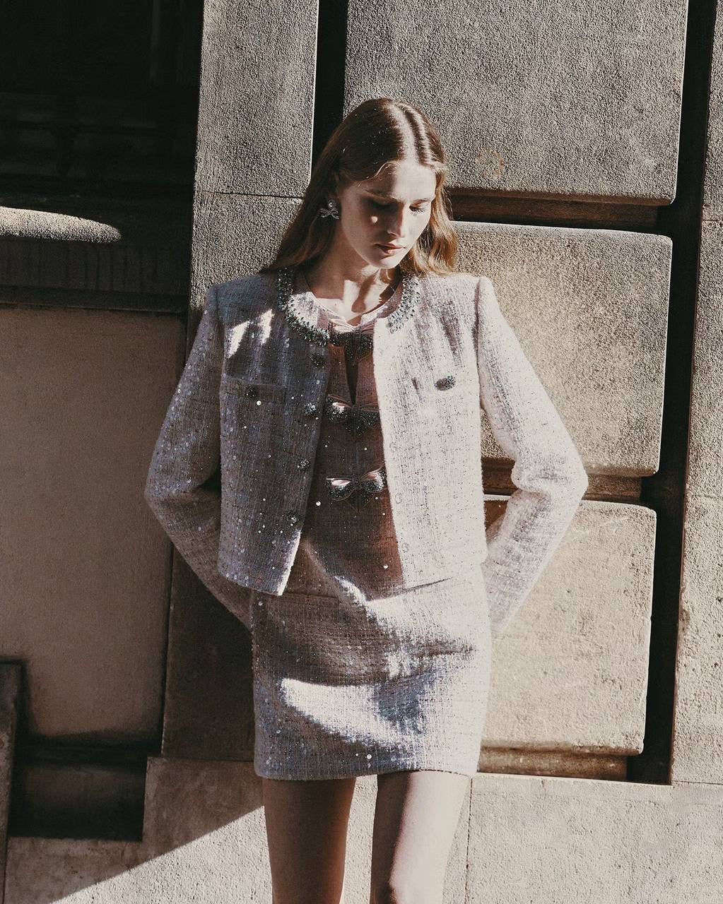 SP Pink Sequin Boucle Jacket | Bow Sleeveless Shift Mini Dress | Set