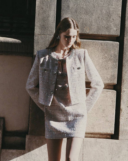 SP Pink Sequin Boucle Jacket | Bow Sleeveless Shift Mini Dress | Set