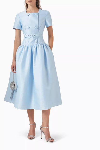 SP Blue Button Front Taffeta Midi Dress