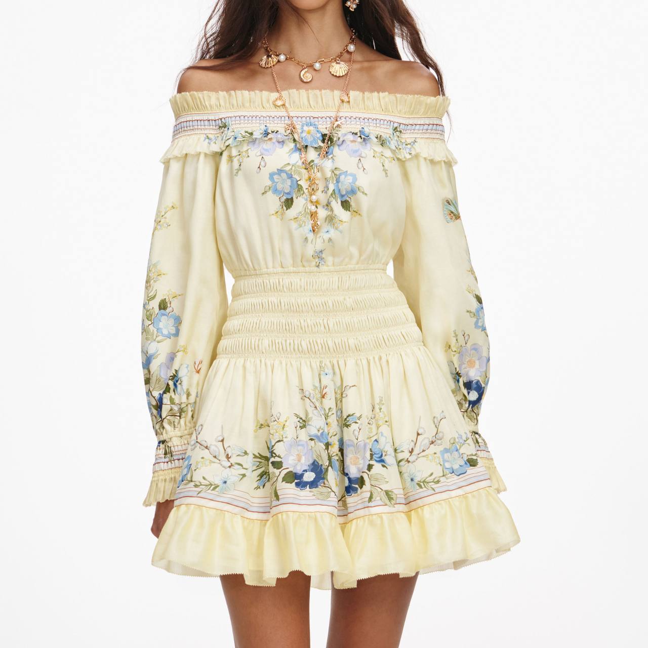 SP Yellow Floral Cotton-Silk Organza Ruffle Off-Shoulder Mini Dress