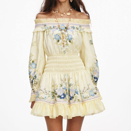 SP Yellow Floral Cotton-Silk Organza Ruffle Off-Shoulder Mini Dress