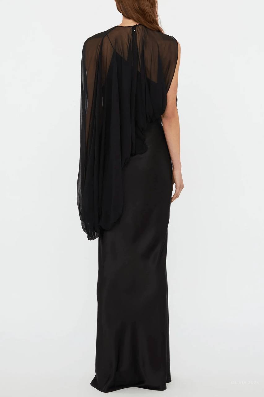 CE Swirl Black Silk Draped Sleeve Maxi Dress