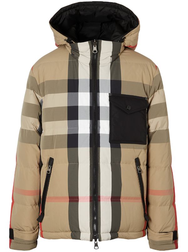 BBR Men’s / Unisex Reversible Check Nylon Puffer Hooded Jacket (Down feather-filled)