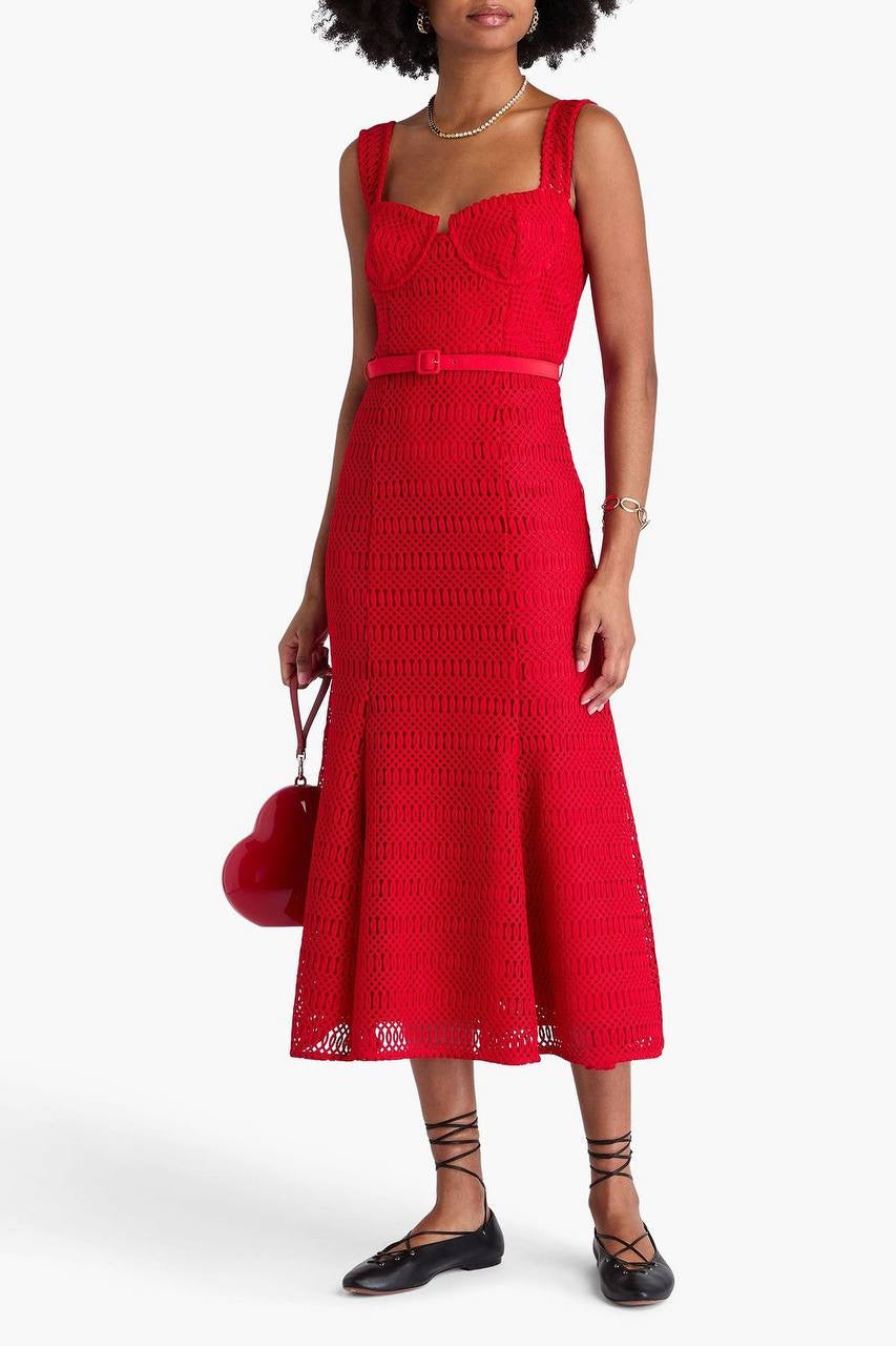 SP Red Lattice Bustier Lace Midi Dress