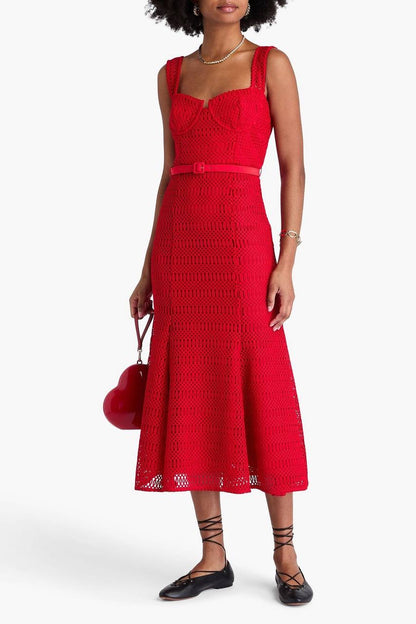 SP Red Lattice Bustier Lace Midi Dress