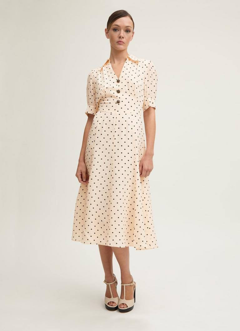 LKB Sophie Cream Viscose-Blend 30'S Polka Dot Midi Dress