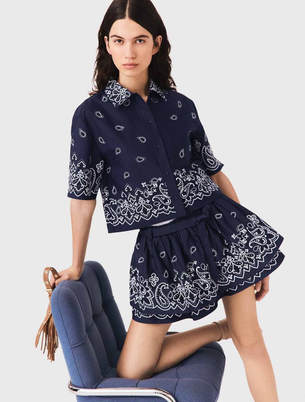 MJ: Cropped Embroidered Bandana Print Shirt | Skirt