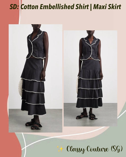 SD Cotton Pearl Embellished Shirt | Tiered Midi Maxi Skirt | Set