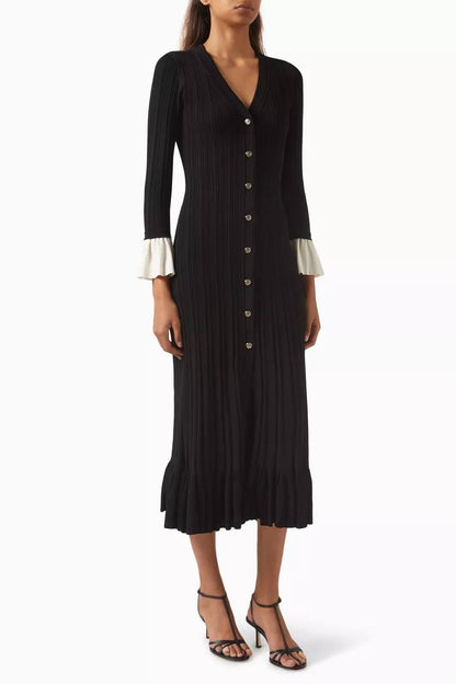 SD Knitted V Neck Contrast Sleeve Midi Dress in Navy blue & Black