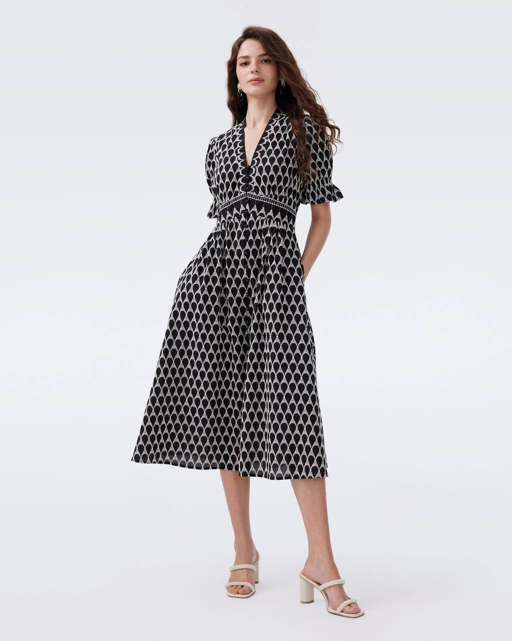 DVF Erica Cotton Midi Dress in Black/Ivory