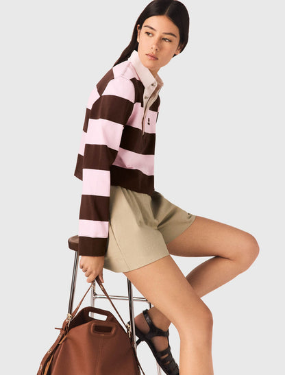 MJ Tipolay Pink/Brown Striped Polo Cotton Cropped Sweatshirt Top | Ipiuma Belted Cotton-blend Camel Shorts | Set