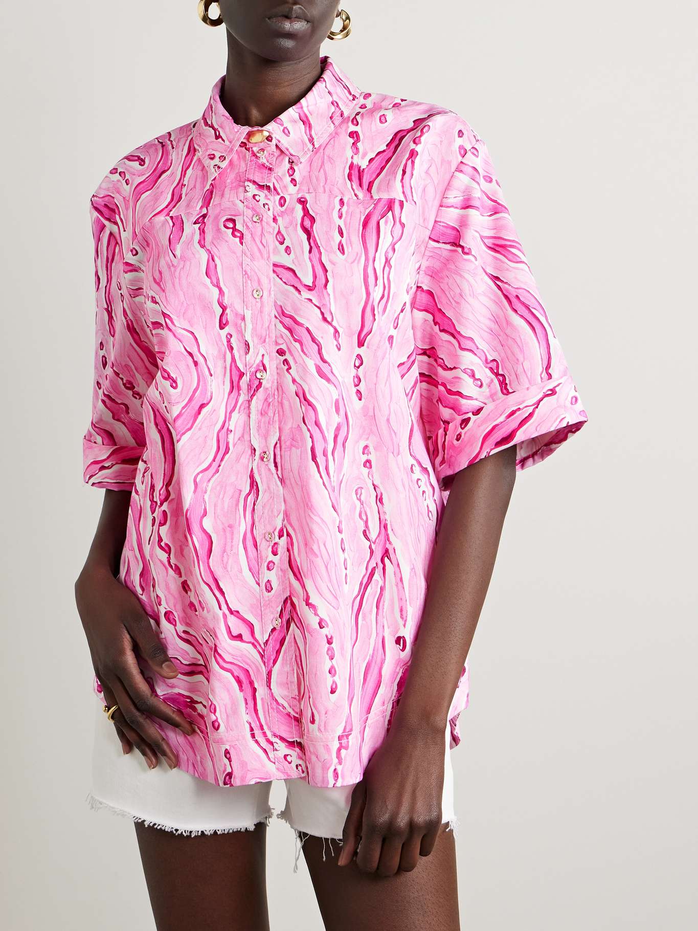 AJ Blaze Stitch Oversized Cotton Shirt in Dappled Flame Pink