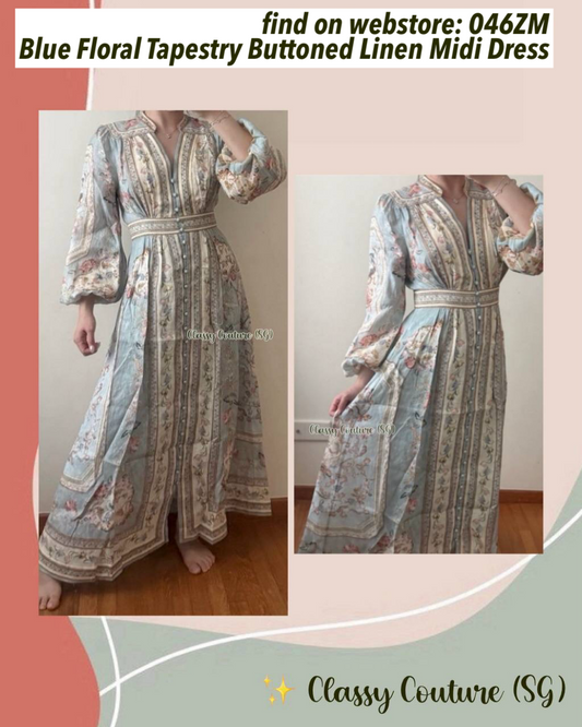 046ZM Blue Floral Tapestry Buttoned Linen Midi Dress