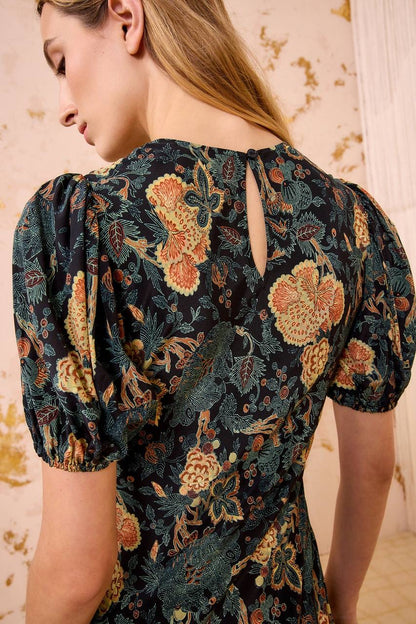 UJ Ines Puff Sleeve Silk Midi Dress