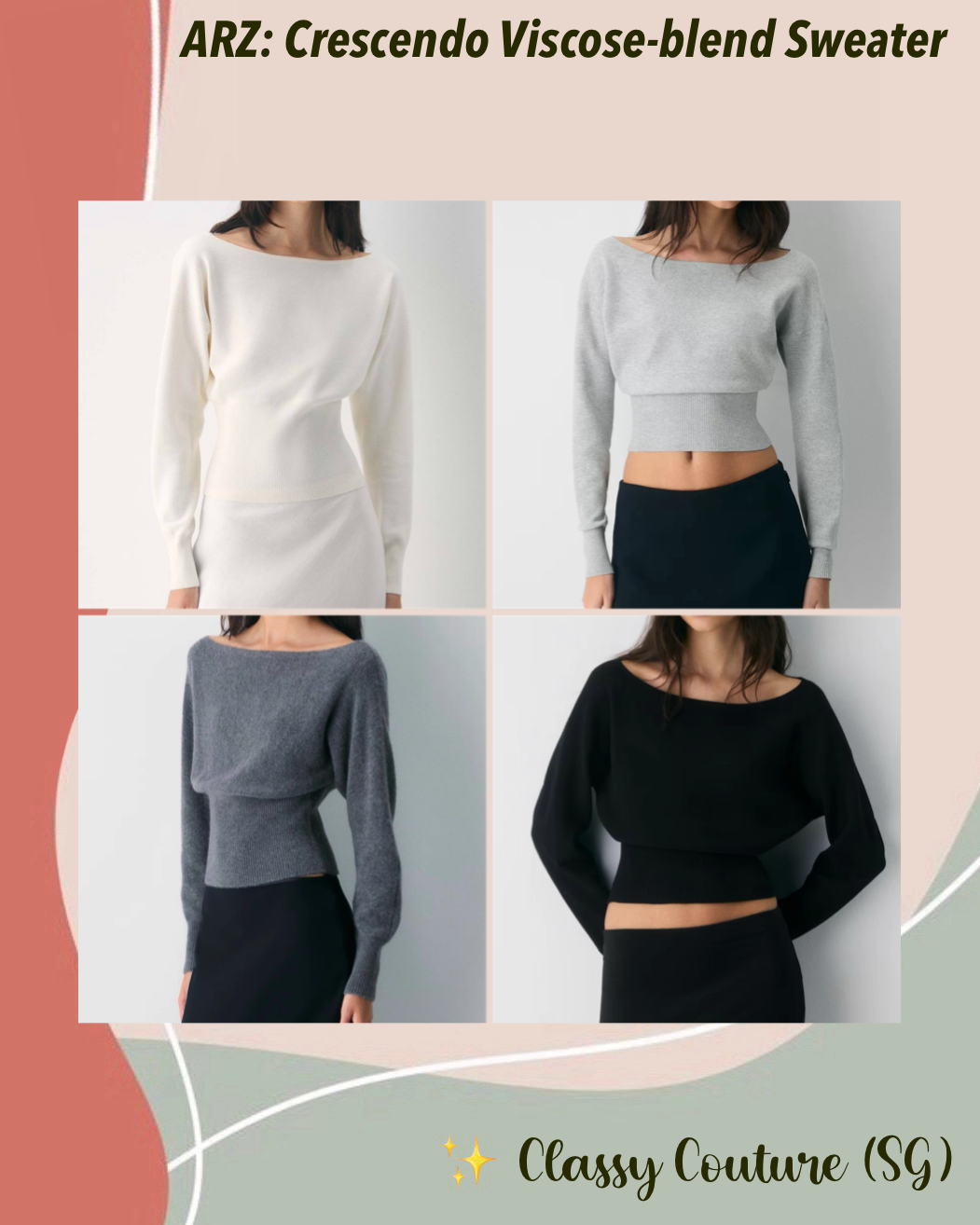 4 Colors! ARZ Crescendo Boat Neck Viscose-blend Wonder Yarn Ribbed Knit Sweater