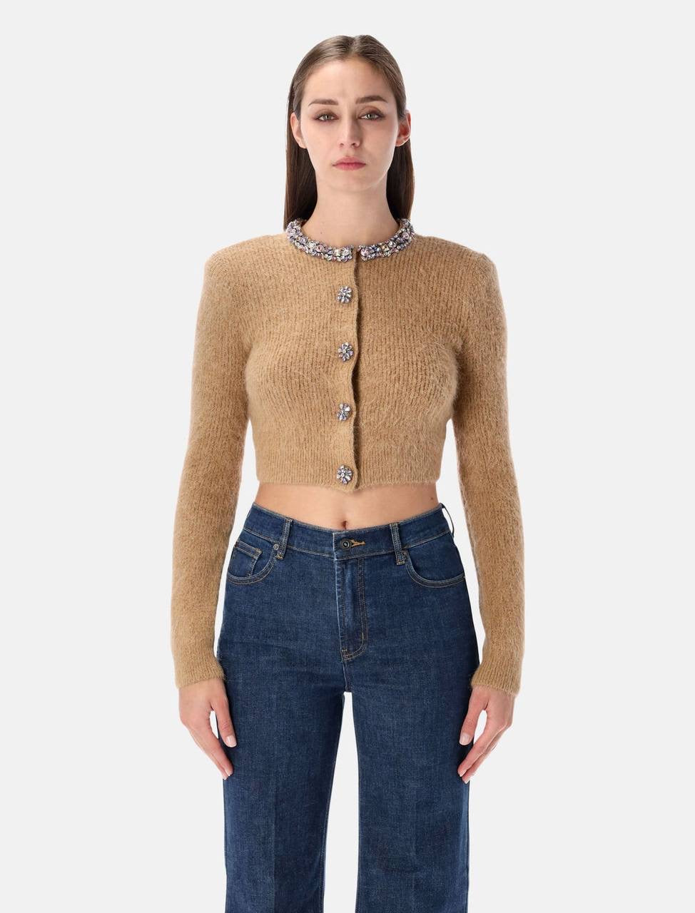 3 Colors! SP Jewel-Embellished Alpaca-Blend Cropped Cardigan in Camel | Grey | Cream