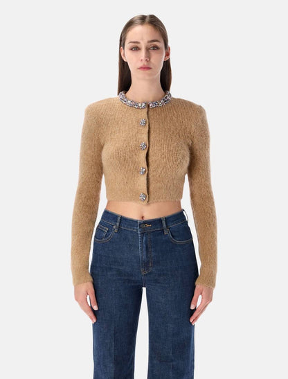3 Colors! SP Jewel-Embellished Alpaca-Blend Cropped Cardigan in Camel | Grey | Cream