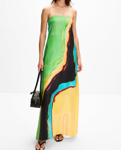 New Colors! CE Aura Rainbow Silk Strapless Maxi Dress