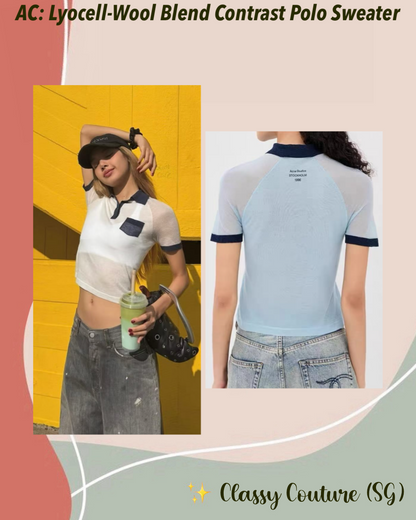 AC Lyocell-Wool Blend Colorblock Contrast Polo Semi-Sheer Sweater Shirt