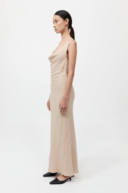 SA Double Drape Cowl Linen-Blend Maxi Dress