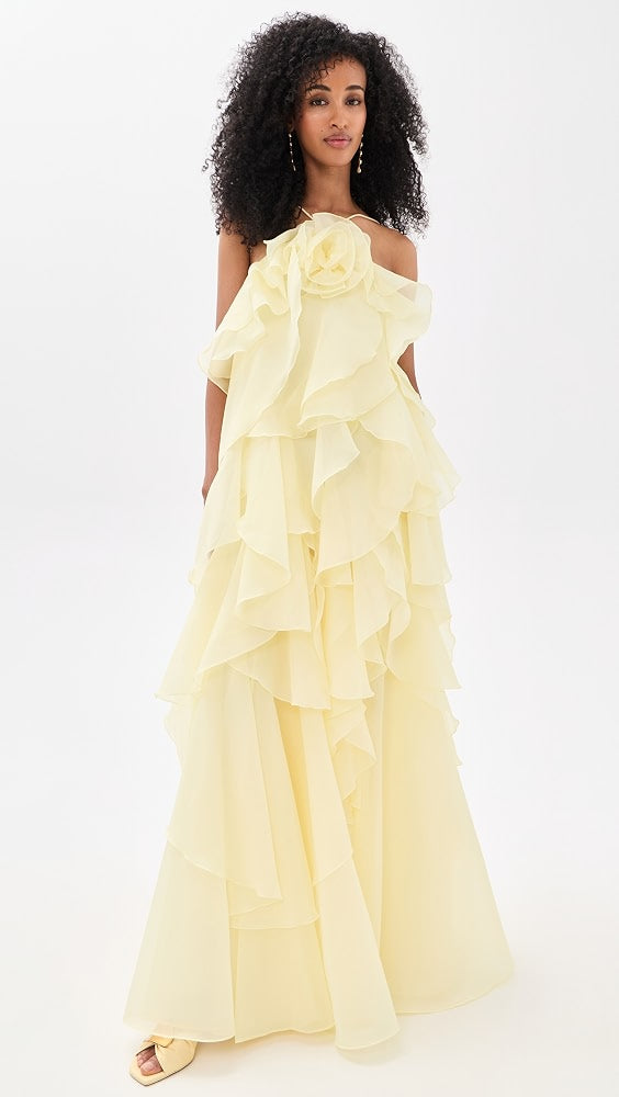 AJ Pandorea Halter Layered Maxi Dress in Iris Blue Floral & Butter Yellow