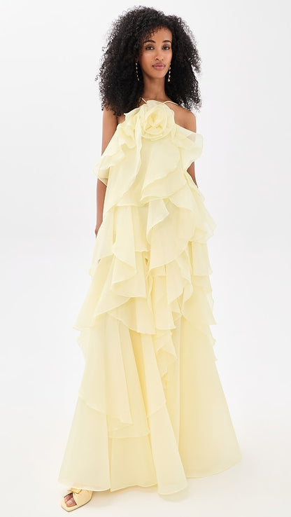 AJ Pandorea Halter Layered Maxi Dress in Iris Blue Floral & Butter Yellow