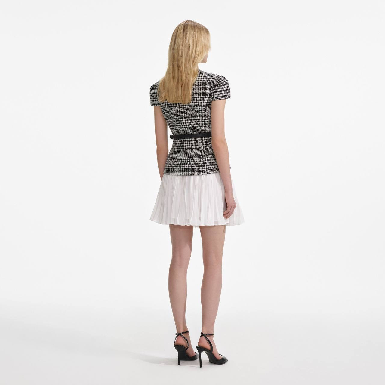 SP Grey Houndstooth Pleated Belted Short Sleeve Mini Dress | Tailored Midi Dress
