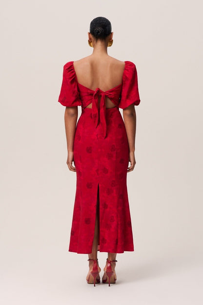 AD Vercelli Viscose-Linen Midi Maxi Dress | Red Puff Sleeve Backless