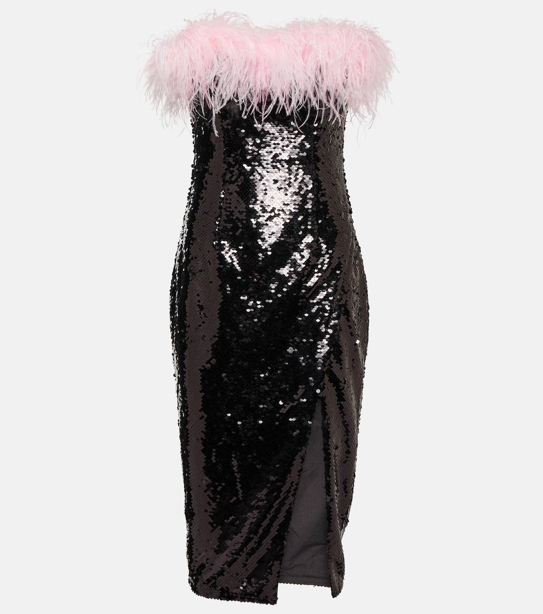 SP Pink Feather Trimmed Black Sequinned Midi Dress