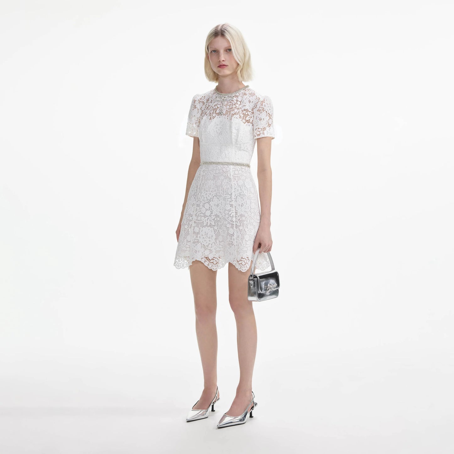 SP White Lace Diamante Mini Dress with Crystal Bow