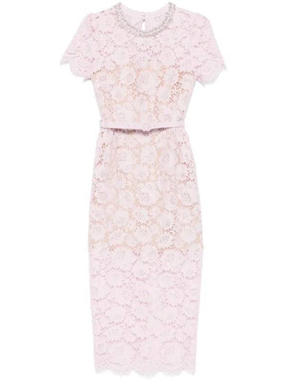 SP Pink Fine Lace Pearl Embellished Midi Dress