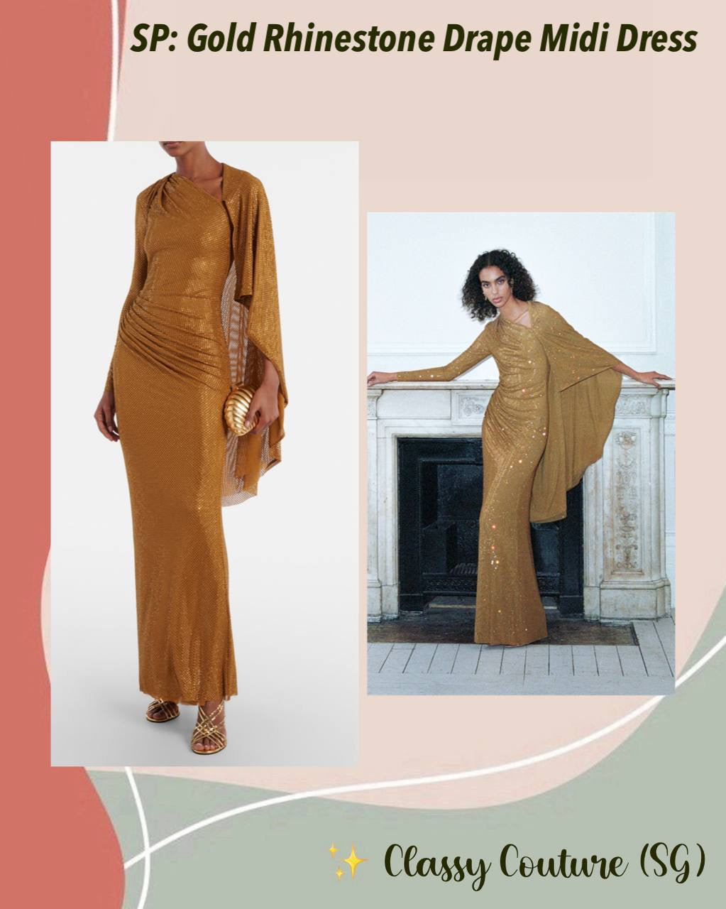 SP Gold Rhinestone Drape Midi Dress