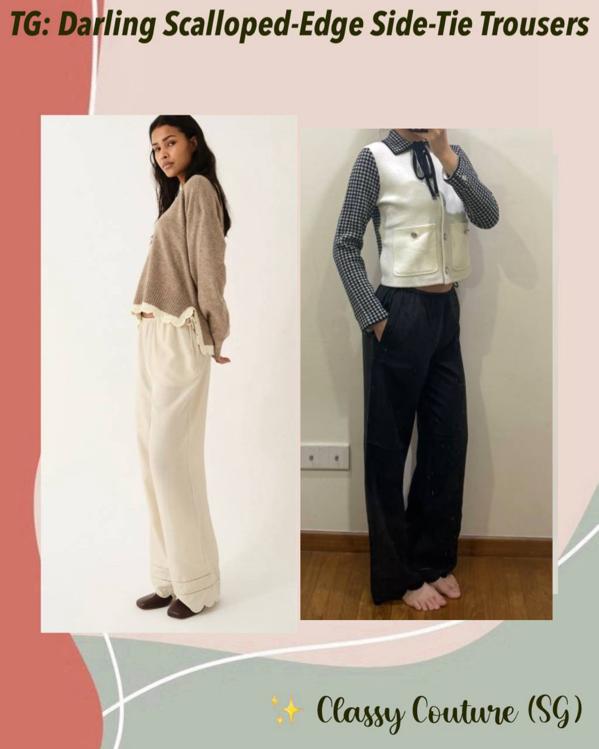 Darling Scalloped-Edge Side-Tie Silk Trousers Pants
