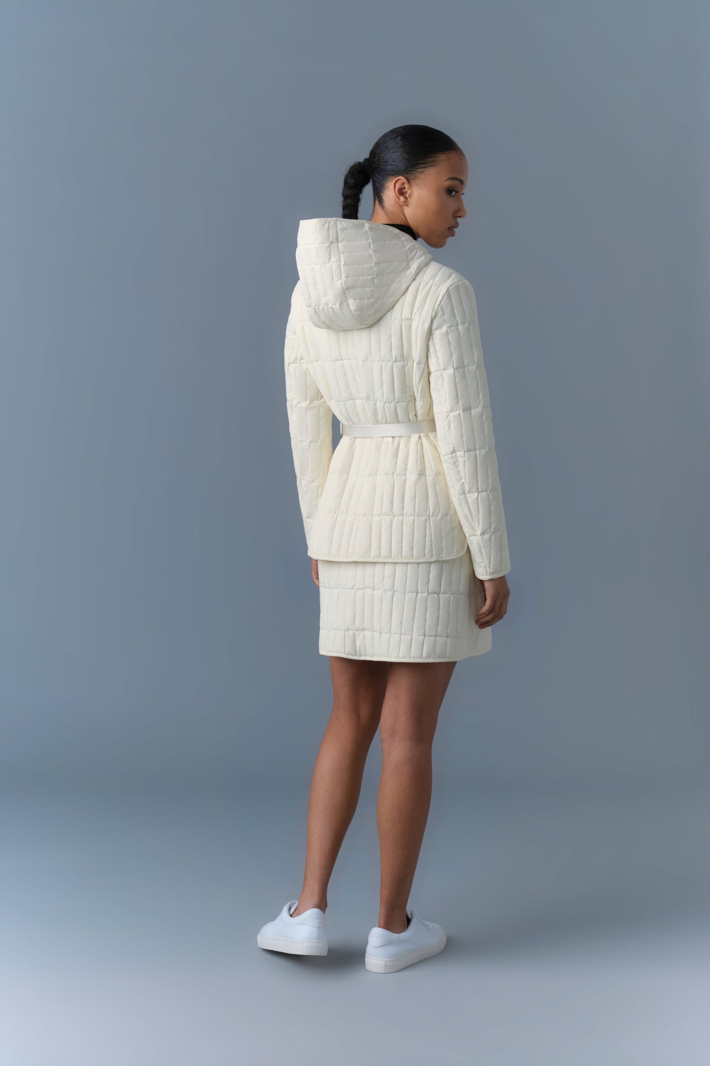 MK Raja Light Down Vertical Quilted Hooded Jacket with Belt