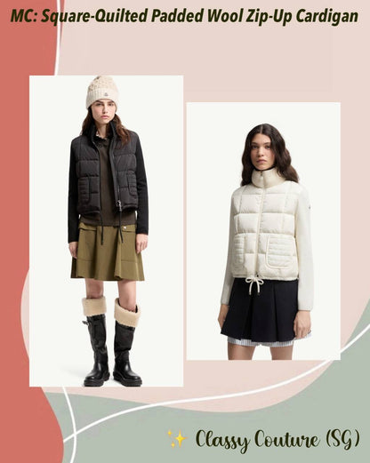 MC Square-Quilted Padded Wool Zip-Up Cardigan