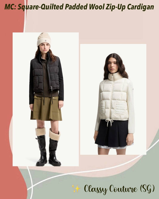 MC Square-Quilted Padded Wool Zip-Up Cardigan