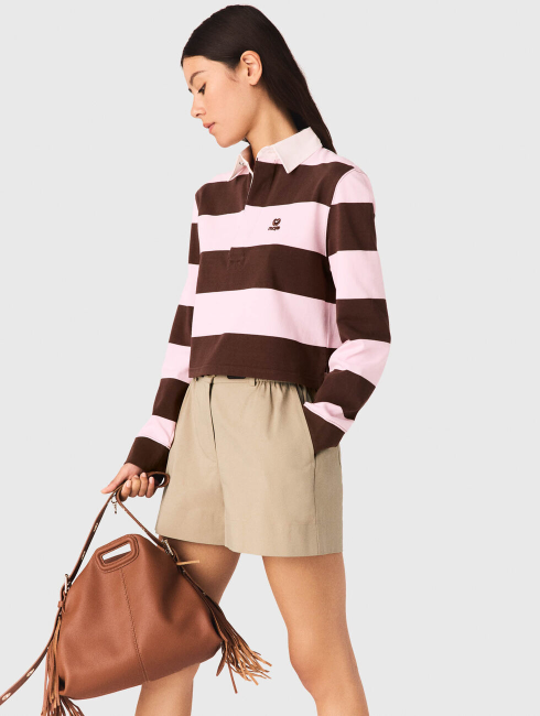 MJ Tipolay Pink/Brown Striped Polo Cotton Cropped Sweatshirt Top | Ipiuma Belted Cotton-blend Camel Shorts | Set
