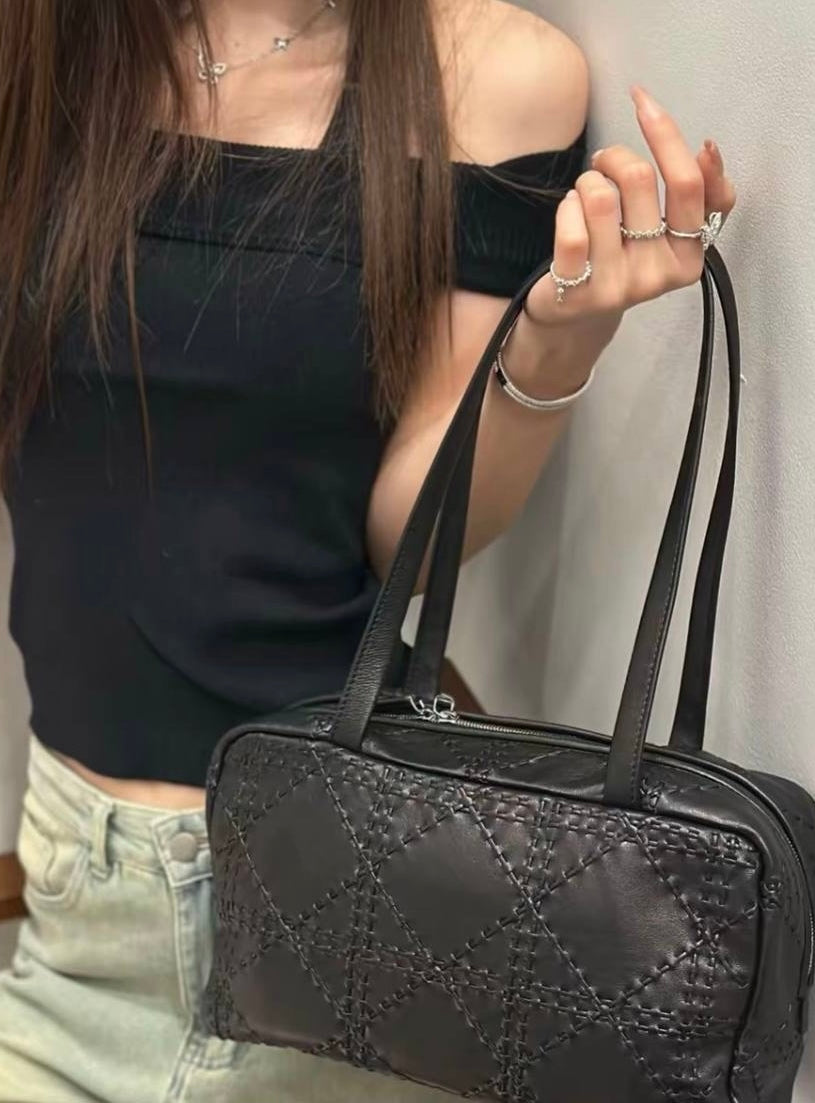 2 Colors! TR Astra Woven Bowling Goatskin Leather Shoulder Tote Bag