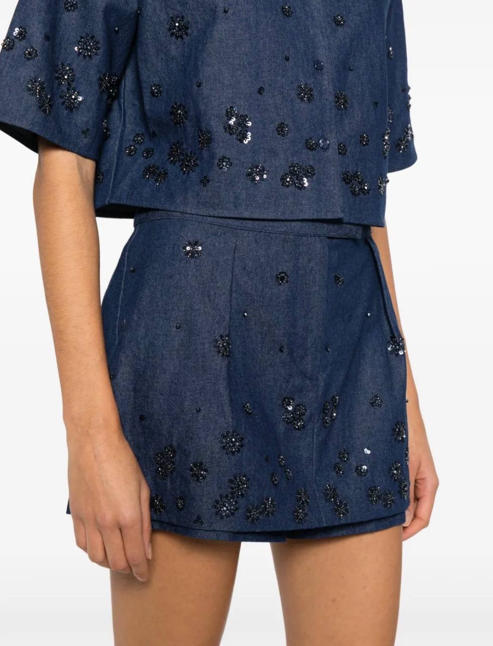 MJ Cobradi Crop Top | Jobradita Midi Skirt | Layered Shorts Skort | Embroidered Denim Embellished Crystal Set